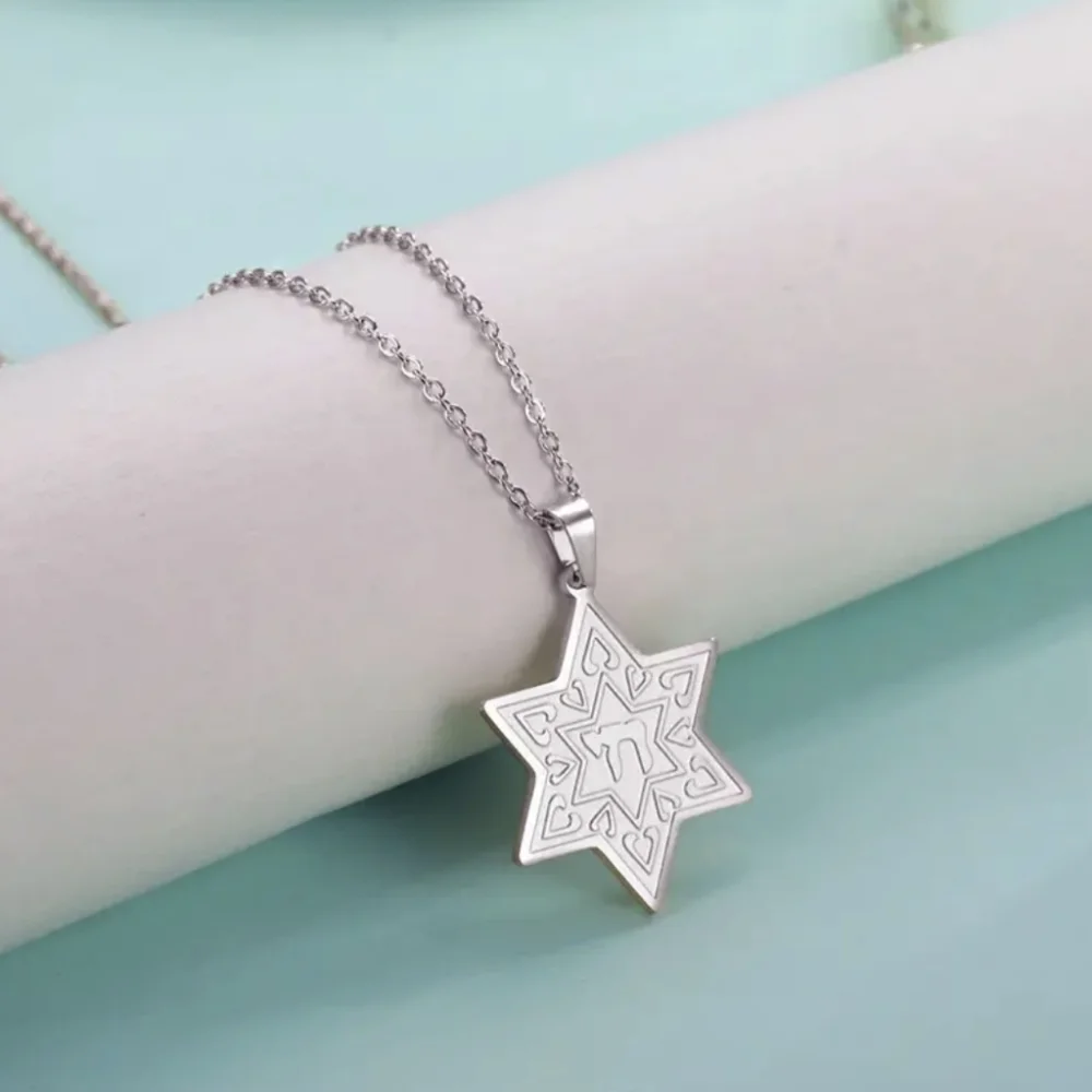 Necklace--Stainless Star of David w/Chai, Gold or Silver Tone